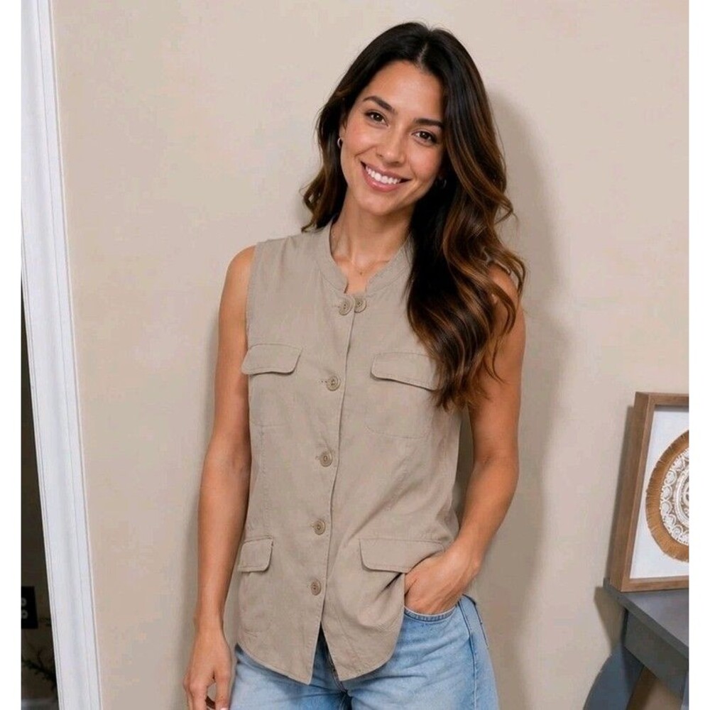 J. Jill Women's Khaki Tan Tencel Lyocell Utility Safari Vest Cargo Pockets Large